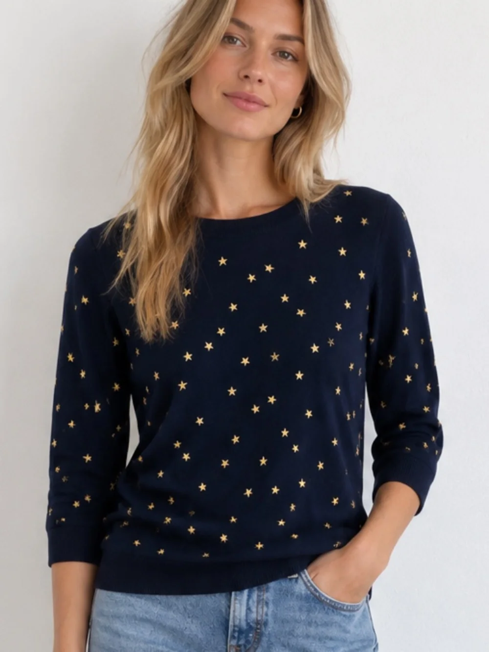 J.Crew 100% Merino Wool Gold Star Sweater Navy Size S